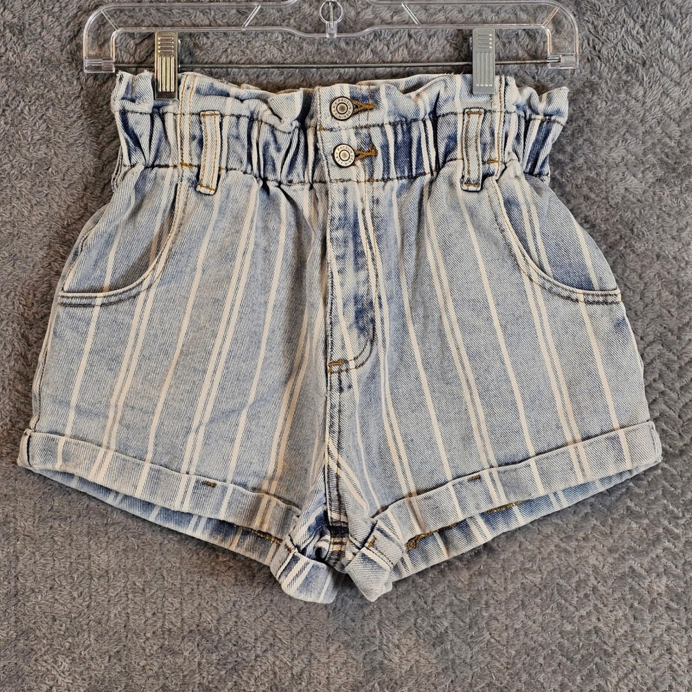 PacSun Striped Paperbag Mom Shorts‎ Blue White High Waisted Denim Small
